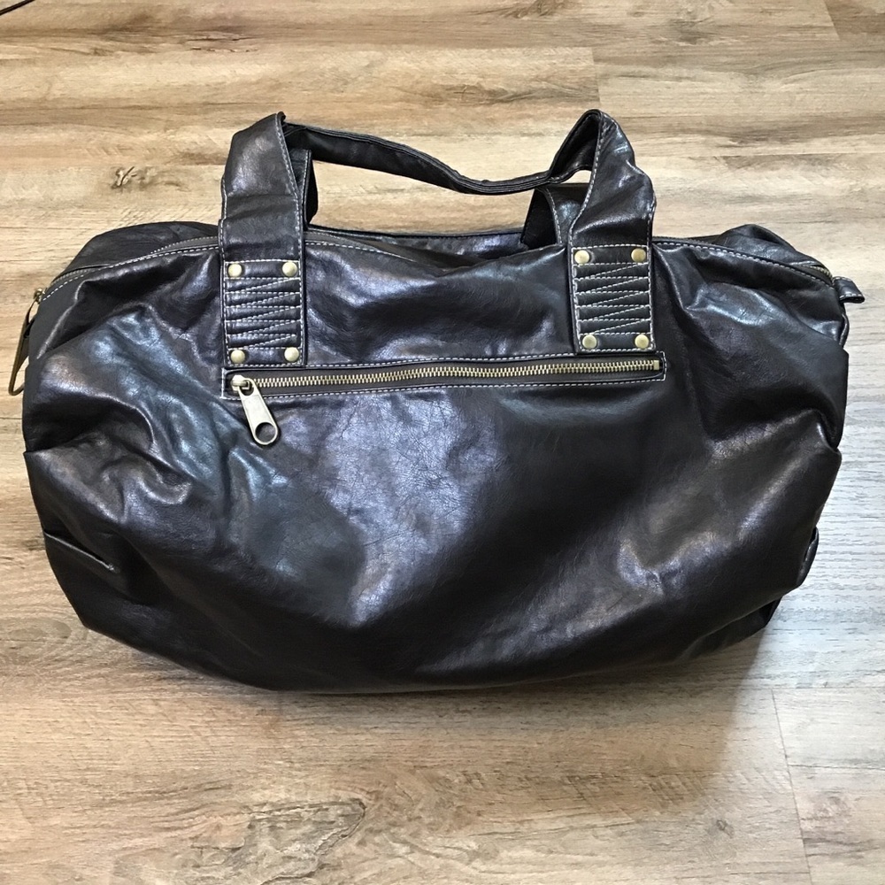 LANCÔME Duffle Bag Large Satchel Vegan Faux Leather Weekend Purse Dark Brown